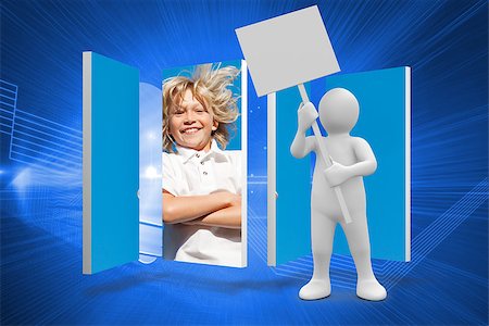futuristic boy kid - White character holding placard against shiny light bulb on blue background Stock Photo - Budget Royalty-Free & Subscription, Code: 400-07342098