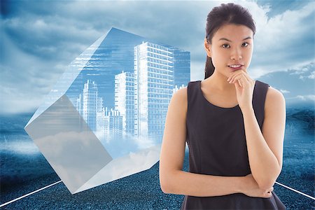 simsearch:400-07183573,k - Thoughtful asian businesswoman against cloudy landscape background with street Stock Photo - Budget Royalty-Free & Subscription, Code: 400-07342302