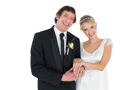 simsearch:400-07473236,k - Portrait of beautiful newlywed couple smiling over white background Stockbilder - Microstock & Abonnement, Bildnummer: 400-07342368