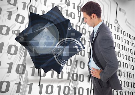 simsearch:400-07341391,k - Serious businessman standing with hands on hips against binary code on circuit board Foto de stock - Super Valor sin royalties y Suscripción, Código: 400-07342369