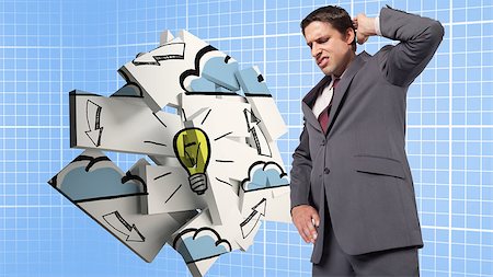 simsearch:400-06464519,k - Thinking businessman scratching head against blue background with grid Stockbilder - Microstock & Abonnement, Bildnummer: 400-07342552