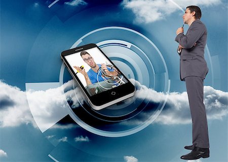 simsearch:400-07341358,k - Thoughtful businessman holding pen to chin against cloud on a futuristic structure Foto de stock - Super Valor sin royalties y Suscripción, Código: 400-07342952