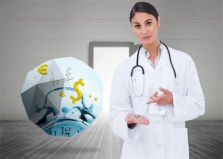 simsearch:400-06882578,k - Female doctor pointing at pill in her hand against open door on white wall Stock Photo - Budget Royalty-Free & Subscription, Code: 400-07343038