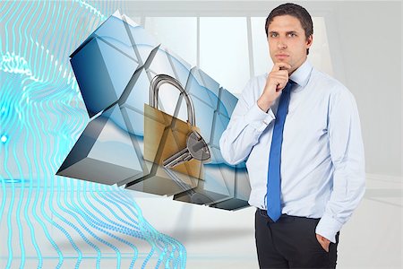 security screen - Thinking businessman touching his chin against abstract blue design in white room Stock Photo - Budget Royalty-Free & Subscription, Code: 400-07343126