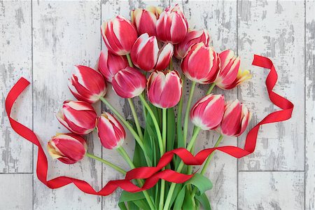 simsearch:400-06356460,k - Red tulip flower arrangement and ribbon curl over distressed wooden background. Foto de stock - Super Valor sin royalties y Suscripción, Código: 400-07405452