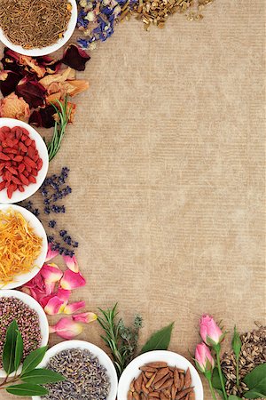Herbal medicine selection also used in witches magical potions over old paper background forming an abstract border. Photographie de stock - Aubaine LD & Abonnement, Code: 400-07405605