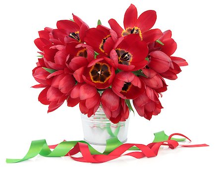 simsearch:6102-03750354,k - Red tulip flower arrangement and ribbon curls over white ackground. Photographie de stock - Aubaine LD & Abonnement, Code: 400-07405616