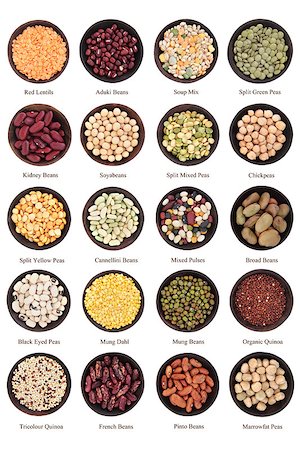 Large dried pulses selection in wooden bowls over white background with titles. Photographie de stock - Aubaine LD & Abonnement, Code: 400-07405617