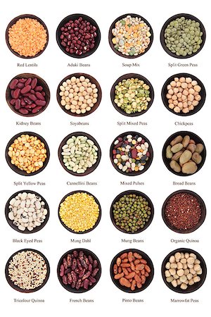 Large dried pulses selection in wooden bowls over white background with titles. Foto de stock - Super Valor sin royalties y Suscripción, Código: 400-07405617