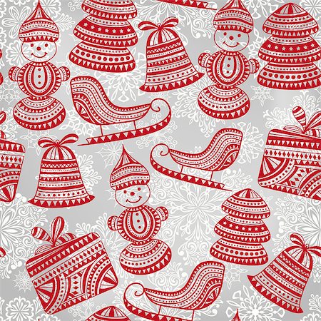 simsearch:400-07256607,k - vector bright  holiday  winter pattern with sledge, snowman, boxes, snowflakes, deers, and fir trees, seamless pattern in swatch menu Stock Photo - Budget Royalty-Free & Subscription, Code: 400-07405658