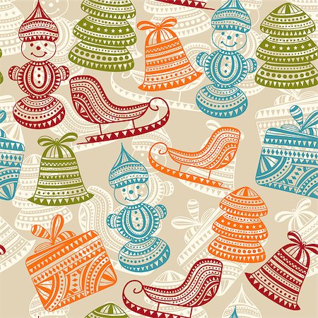 vector holiday  winter pattern with sledge, snowman, boxes,  and fir trees, seamless pattern in swatch menu Stock Photo - Budget Royalty-Free & Subscription, Code: 400-07405675