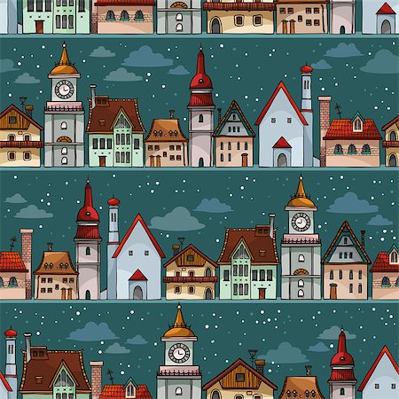 simsearch:400-05680897,k - Seamless pattern with cartoon houses on a night sky. Photographie de stock - Aubaine LD & Abonnement, Code: 400-07405767