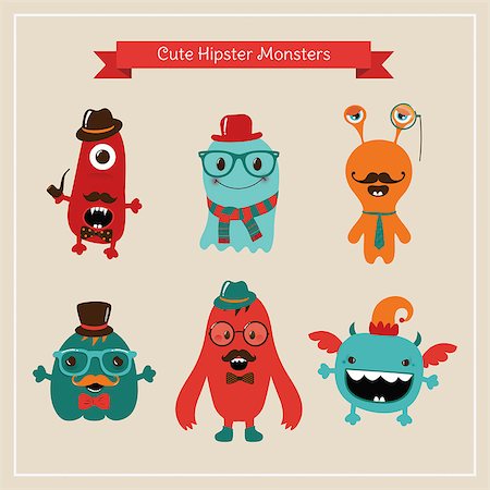 Vector Freaky Cute Retro Hipster Monsters, Funny Illustration. Stock Photo - Budget Royalty-Free & Subscription, Code: 400-07406024