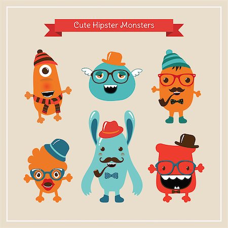 Vector Freaky Cute Retro Hipster Monsters, Funny Illustration. Stock Photo - Budget Royalty-Free & Subscription, Code: 400-07406025