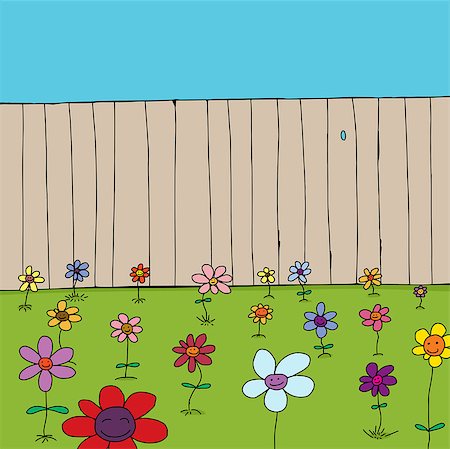 simsearch:400-07513507,k - Cartoon of cute flowers in front of wooden fence Photographie de stock - Aubaine LD & Abonnement, Code: 400-07406162