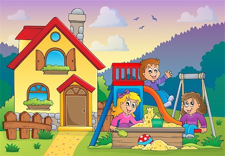 sandbox - Children playing near house theme 1 - eps10 vector illustration. Stock Photo - Budget Royalty-Free & Subscription, Code: 400-07406238
