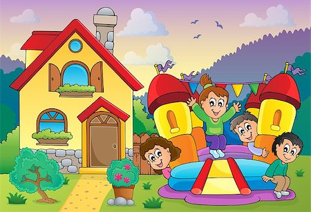 Children playing near house theme 3 - eps10 vector illustration. Stock Photo - Budget Royalty-Free & Subscription, Code: 400-07406240