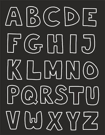 simsearch:400-08621674,k - Alphabet letters hand drawn vector set isolated on dark background. Kids doodle abc white and black cartoon sign collection on blackboard. Foto de stock - Super Valor sin royalties y Suscripción, Código: 400-07406418