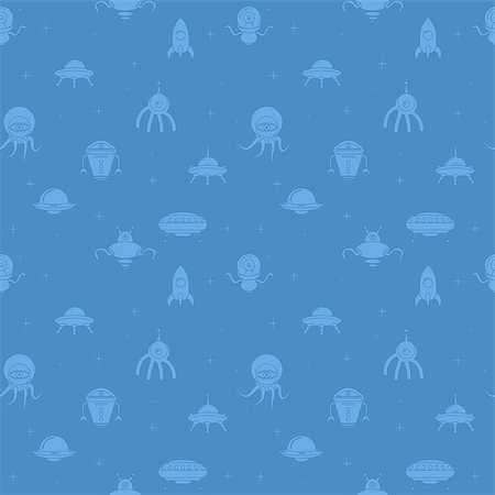 Seamless wrapping wallpaper with UFO, rockets and aliens in space suits. Stock Photo - Budget Royalty-Free & Subscription, Code: 400-07406423