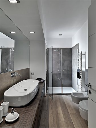 shower cubicle - luxuty modern bathroom with glass shower cubicle and wood floor Stock Photo - Budget Royalty-Free & Subscription, Code: 400-07406694