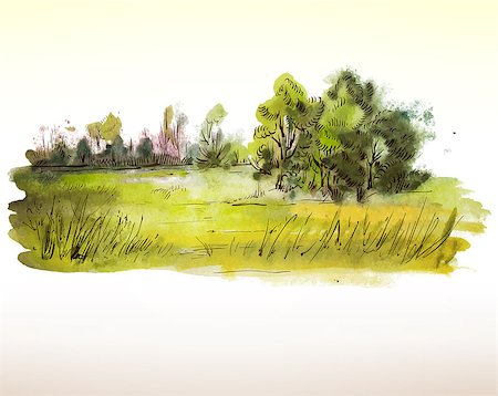 Summer landscape watercolor. Vector illustration. Stock Photo - Budget Royalty-Free & Subscription, Code: 400-07406697