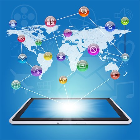 symbols of multimedia - Tablet PC, earth map and application icons. The concept of software Photographie de stock - Aubaine LD & Abonnement, Code: 400-07407737