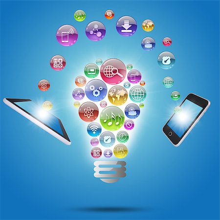 symbol present - Lamp consisting of apps icons, tablet and phone. The concept of software Foto de stock - Super Valor sin royalties y Suscripción, Código: 400-07407732