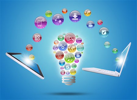 symbols of multimedia - Lamp consisting of apps icons, tablet and laptop. The concept of software Stock Photo - Budget Royalty-Free & Subscription, Code: 400-07407824
