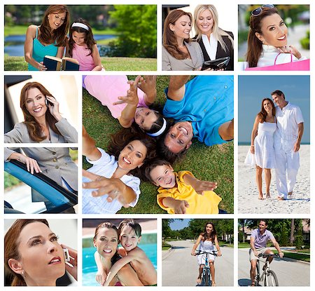 Montage of a successful working woman, mother and wife balancing modern working & family life, on cell phone, using tablet computer, at beach, swimming pool & reading with her daughter Stock Photo - Budget Royalty-Free & Subscription, Code: 400-07409350