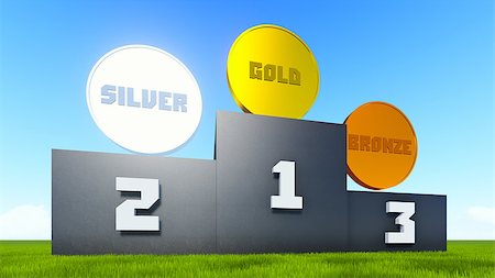 Victory rostrum on the green grass with a golden, silver and bronze medals on top. Foto de stock - Royalty-Free Super Valor e Assinatura, Número: 400-07409814