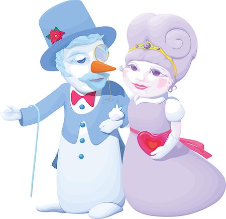 diadème - Pair of fairy characters walking arm in arm. Snowman with walking stick, he dressed in tailcoat, bow-tie, wearing top hat decorated with flower poinsettia. Snow Maiden in belted dress, gloves, tiara, holds Valentine heart. Stock Photo - Budget Royalty-Free & Subscription, Code: 400-07409813