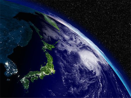 earth night asia - Early morning on japanese islands viewed from space. Highly detailed planet surface with clouds and city lights. Elements of this image furnished by NASA. Stock Photo - Budget Royalty-Free & Subscription, Code: 400-07409866