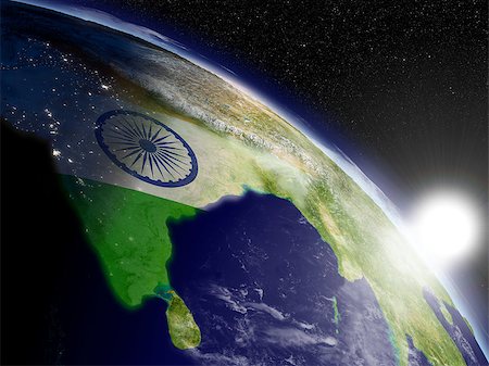 earth night asia - Sunrise over Indian subcontinent with indian flag viewed from space. Highly detailed planet surface with clouds and city lights. Elements of this image furnished by NASA. Stock Photo - Budget Royalty-Free & Subscription, Code: 400-07409870