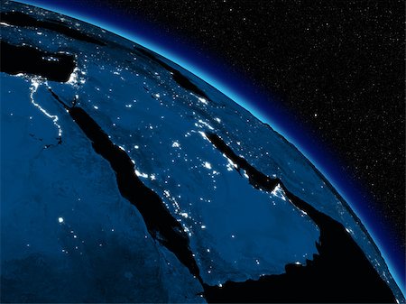 Arabian peninsula at night on planet Earth viewed from space. Highly detailed planet surface with city lights. Elements of this image furnished by NASA. Foto de stock - Super Valor sin royalties y Suscripción, Código: 400-07409884