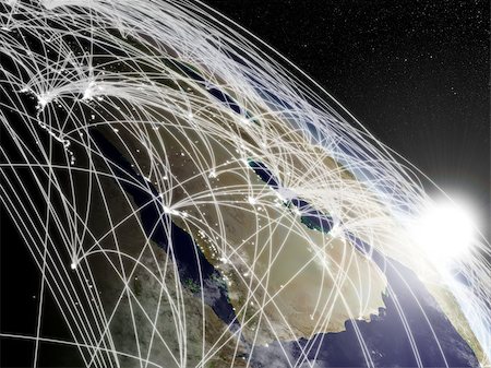 Network concept with sun rising over Arabian peninsula viewed from space. Highly detailed planet surface with clouds and city lights. Elements of this image furnished by NASA. Stock Photo - Budget Royalty-Free & Subscription, Code: 400-07409887