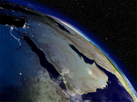 Early morning on Arabian peninsula viewed from space. Highly detailed planet surface with clouds and city lights. Elements of this image furnished by NASA. Photographie de stock - Aubaine LD & Abonnement, Code: 400-07409888