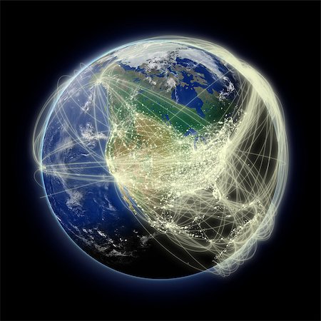 Network of flight paths over North America. Highly detailed planet surface. Elements of this image furnished by NASA. Stock Photo - Budget Royalty-Free & Subscription, Code: 400-07409906