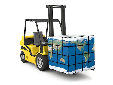 simsearch:400-06096469,k - Concept of global transportation, modern yellow forklift carrying planet Earth in form of cube, isolated on white background. Elements of this image furnished by NASA. Stock Photo - Budget Royalty-Free & Subscription, Code: 400-07409914