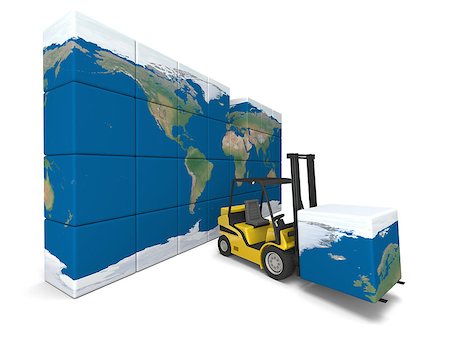 simsearch:400-06096455,k - Concept of global transportation, modern yellow forklift carrying piece of global map, isolated on white background. Elements of this image furnished by NASA. Foto de stock - Super Valor sin royalties y Suscripción, Código: 400-07409915