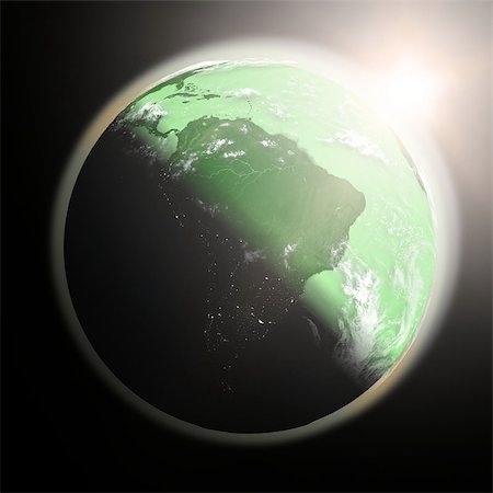 simsearch:400-08427636,k - Space view of the sun rising over South America on green planet Earth. Elements of this image furnished by NASA. Foto de stock - Super Valor sin royalties y Suscripción, Código: 400-07409918