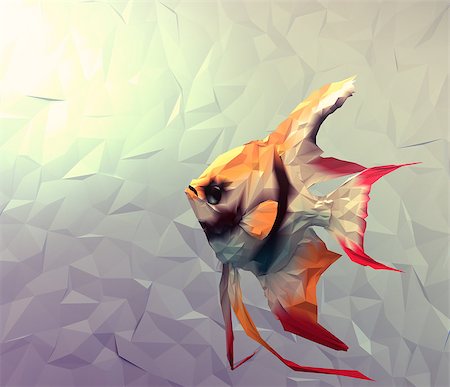poisson-ange - Scalar in water 3d render computer graphic illustration in mosaic flat surface style. Wallpaper with red, black, white and yellow exotic fish in aquarium. Photographie de stock - Aubaine LD & Abonnement, Code: 400-07409927
