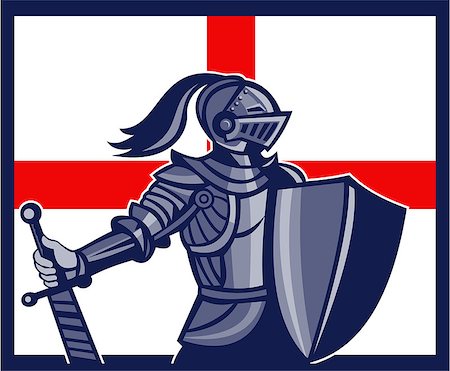 st george - Illustration of an English knight in full armor holding sword with England flag in background done in retro style. Foto de stock - Super Valor sin royalties y Suscripción, Código: 400-07414543