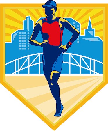 simsearch:400-08629212,k - Illustration of marathon triathlete runner running with urban buildings and bridge in background set inside shield done in retro style. Fotografie stock - Microstock e Abbonamento, Codice: 400-07414557