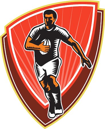 simsearch:400-05331205,k - Illustration of a rugby player running with the ball in silhouette viewed from front set inside shield done in retro woodcut style. Foto de stock - Royalty-Free Super Valor e Assinatura, Número: 400-07414550