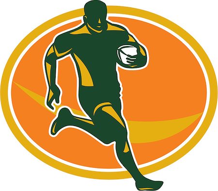 simsearch:400-05331205,k - Illustration of a rugby player running with the ball in silhouette viewed from front set inside oval shape done in retro style. Foto de stock - Royalty-Free Super Valor e Assinatura, Número: 400-07414553