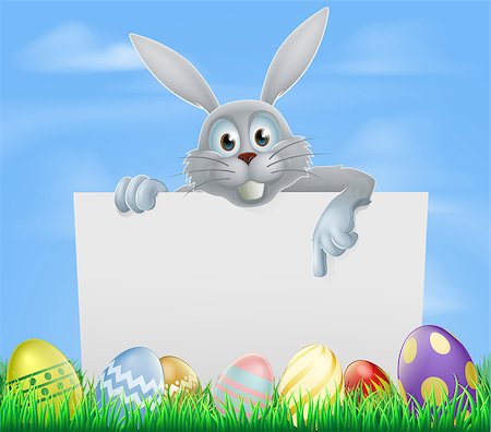 White Easter bunny peeking over a sign and pointing with Easter eggs in a spring field Stock Photo - Budget Royalty-Free & Subscription, Code: 400-07414729