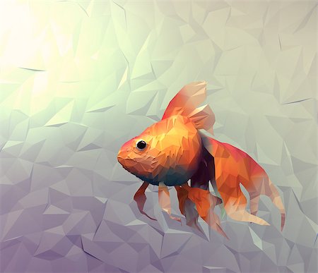 exotic underwater - Goldfish modern wallpaper. Triangle mosaic flat surface 3d render computer graphic illustration with golden veil fish in water. Stock Photo - Budget Royalty-Free & Subscription, Code: 400-07416471