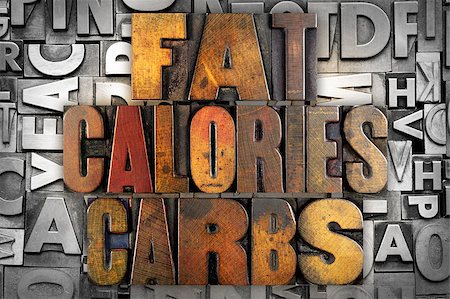 simsearch:400-05272635,k - The words FAT CALORIES CARBS written in vintage letterpress type Stock Photo - Budget Royalty-Free & Subscription, Code: 400-07416655