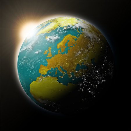 simsearch:400-08371074,k - Sun over Europe on blue planet Earth isolated on black background. Highly detailed planet surface. Elements of this image furnished by NASA. Fotografie stock - Microstock e Abbonamento, Codice: 400-07417039