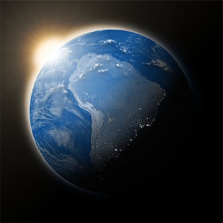 simsearch:400-08427636,k - Sun over South America on blue planet Earth isolated on black background. Highly detailed planet surface. Elements of this image furnished by NASA. Foto de stock - Super Valor sin royalties y Suscripción, Código: 400-07417040